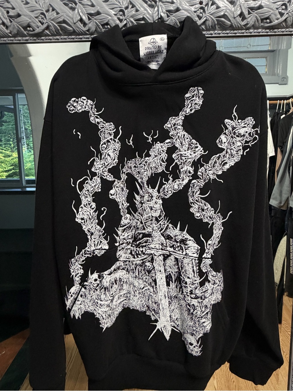 Drleather Black Graphic Hoodie Jacket with White Print